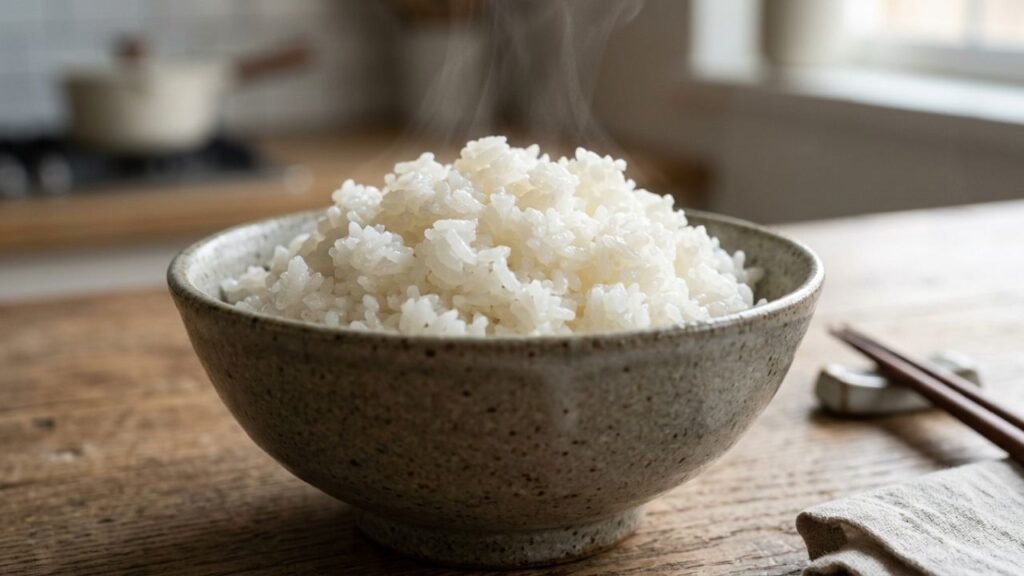 Bowl of freshly cooked fluffy white rice.