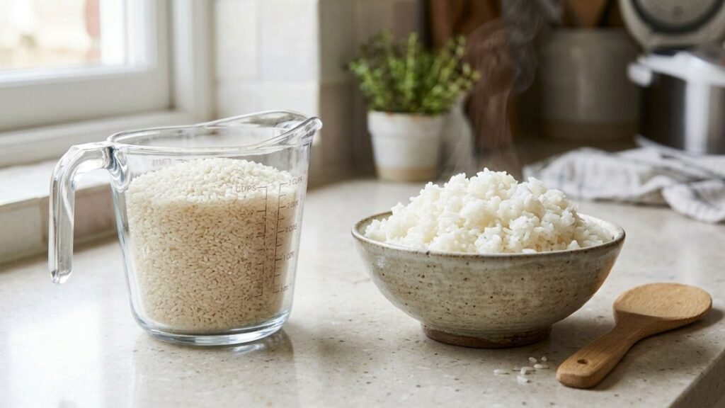 Measuring jug of uncooked rice beside cooked rice.