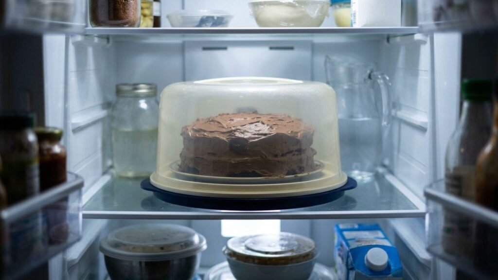 Chocolate cake covered and stored in a refrigerator
