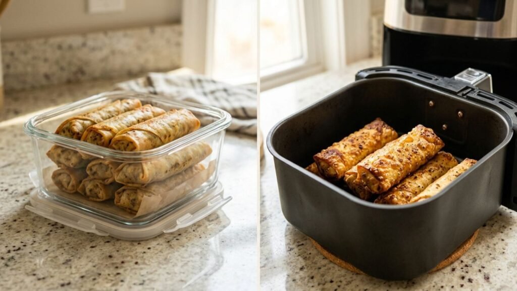 Reheated jerk chicken egg rolls with crisp golden wrappers.