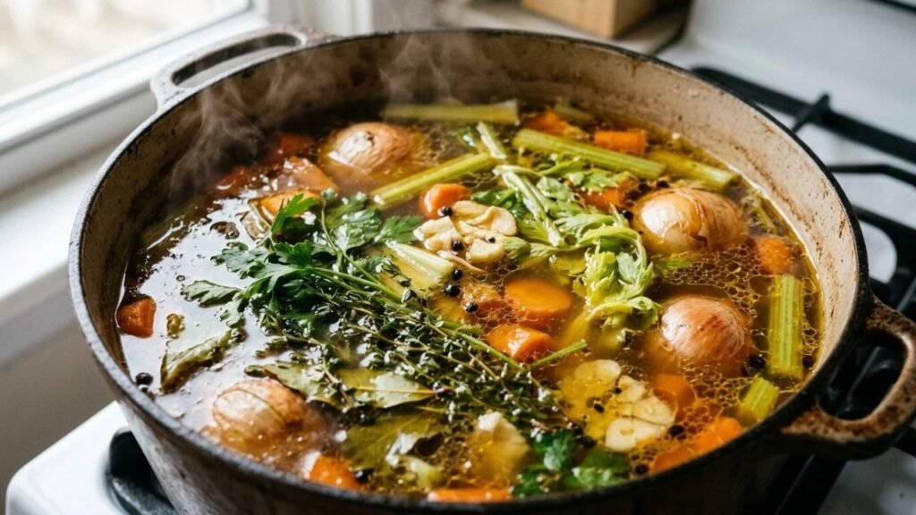 Golden-brown beef broth with vegetables and herbs
