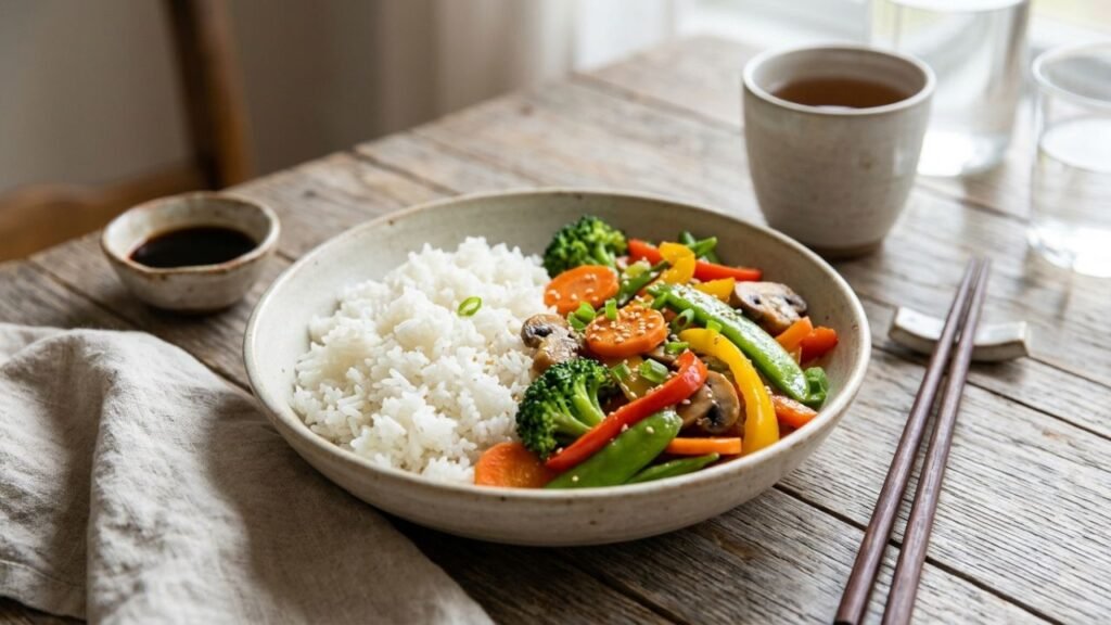 Bowl of fluffy rice served with vegetables.