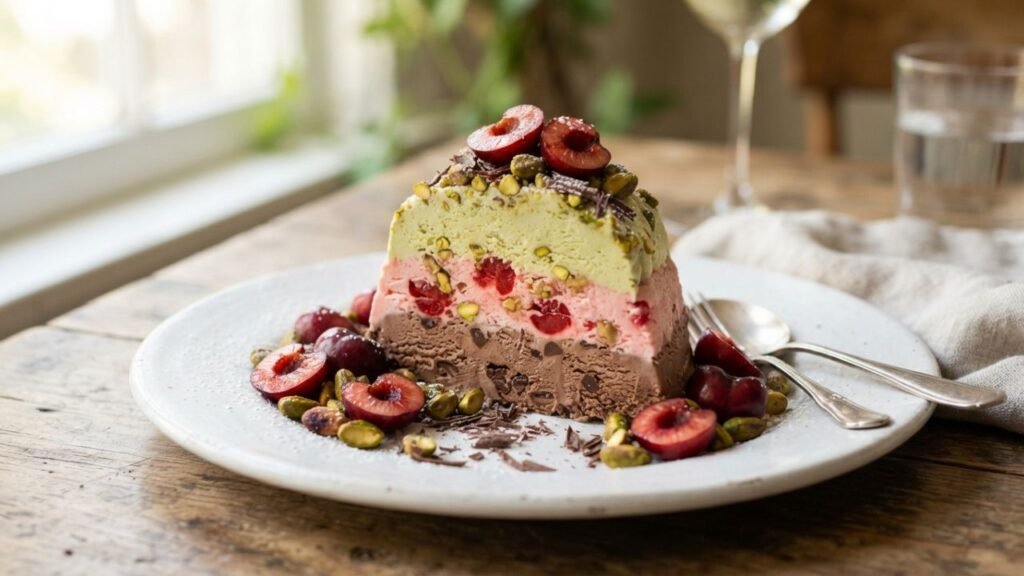 Sliced Spumoni Bomba with cherries