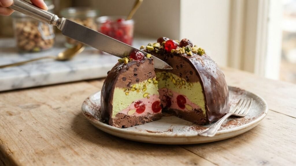 Cleanly sliced Spumoni Bomba