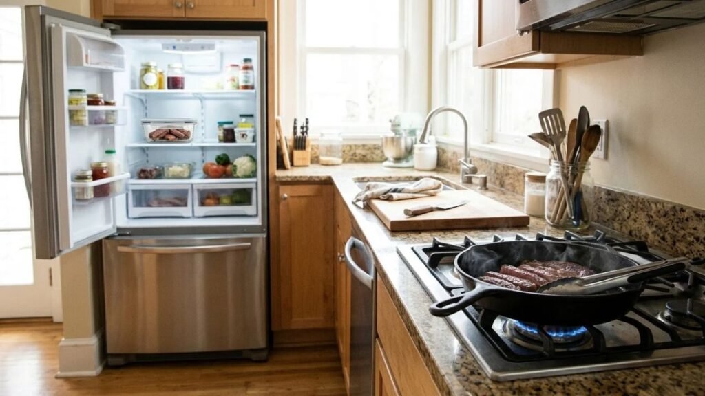 Cooked steak stored in a container beside steak reheating in a skillet