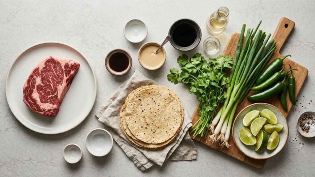 Rib-eye steak, tortillas, green chiles, lime, and fresh herbs