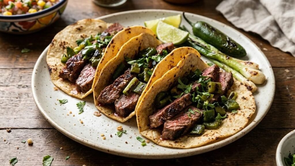 Homemade steak tacos with warm tortillas and fresh toppings