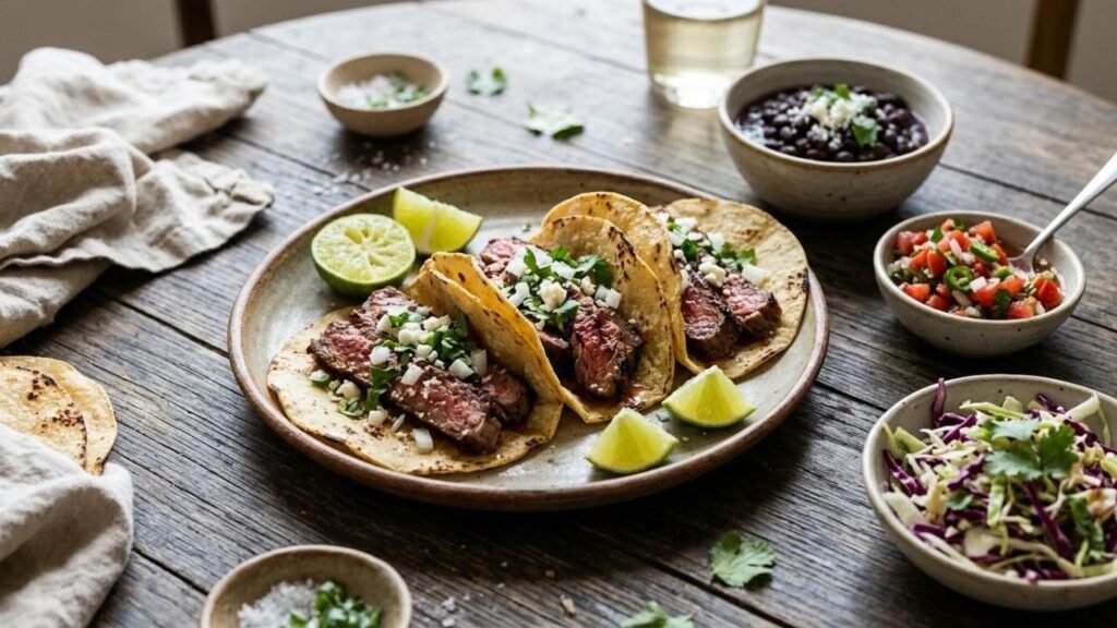 Steak tacos served with beans, fresh salsa, and lime wedges