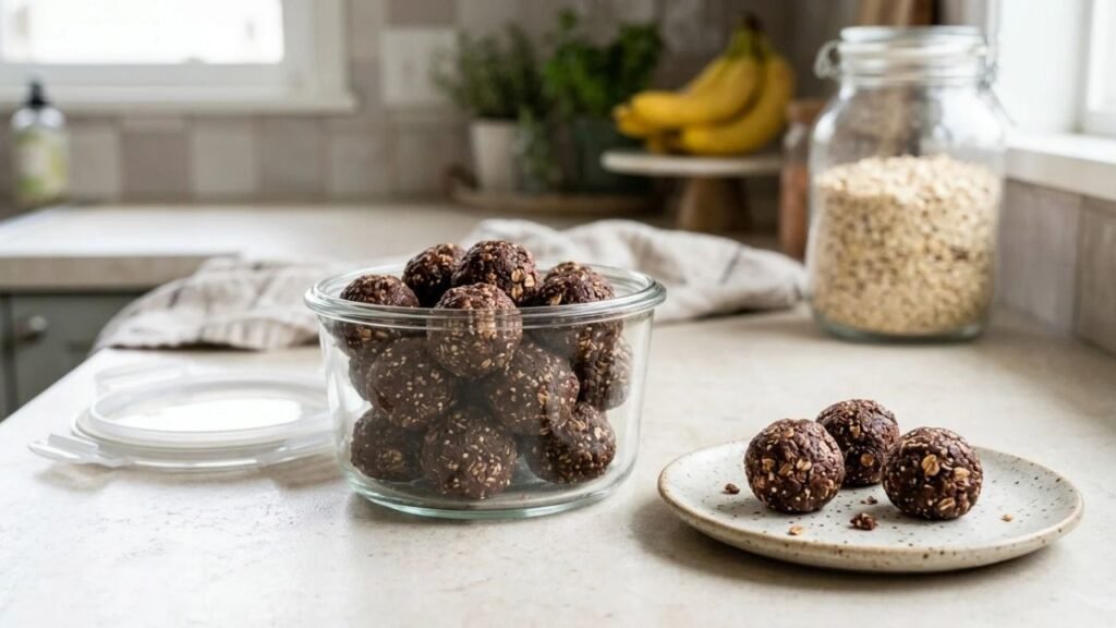 Chocolate Bliss Bites in an airtight container.