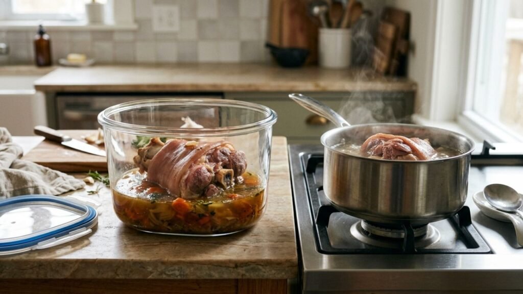 Cooked ham hock stored for later