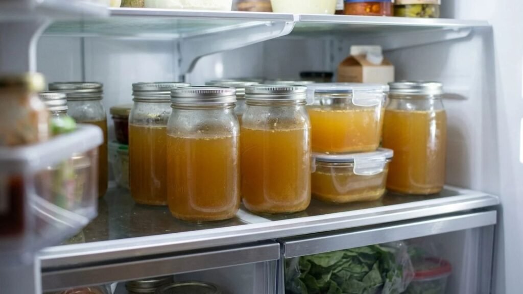 Homemade broth stored in covered glass containers in a refrigerator