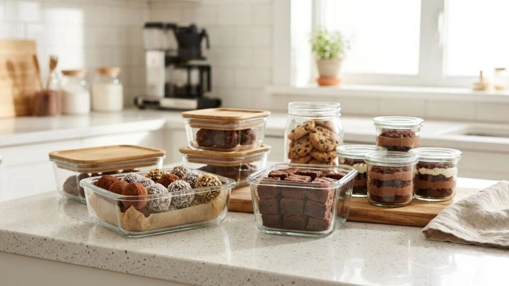 Chocolate desserts stored in covered containers.