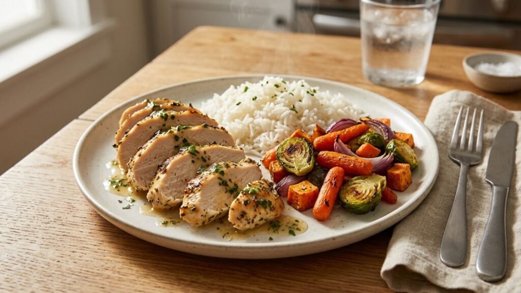 Tender chicken with rice and vegetables