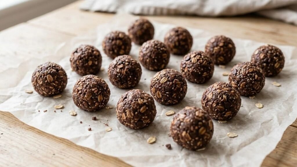 Evenly shaped chocolate Bliss Bites on parchment paper.