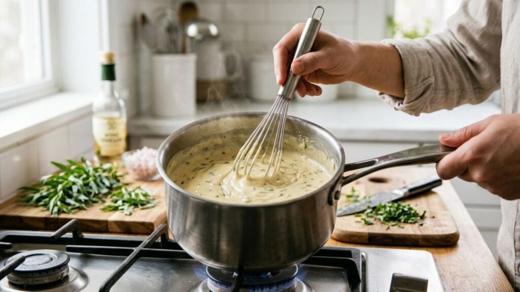 Smooth vegan béarnaise sauce with fresh tarragon