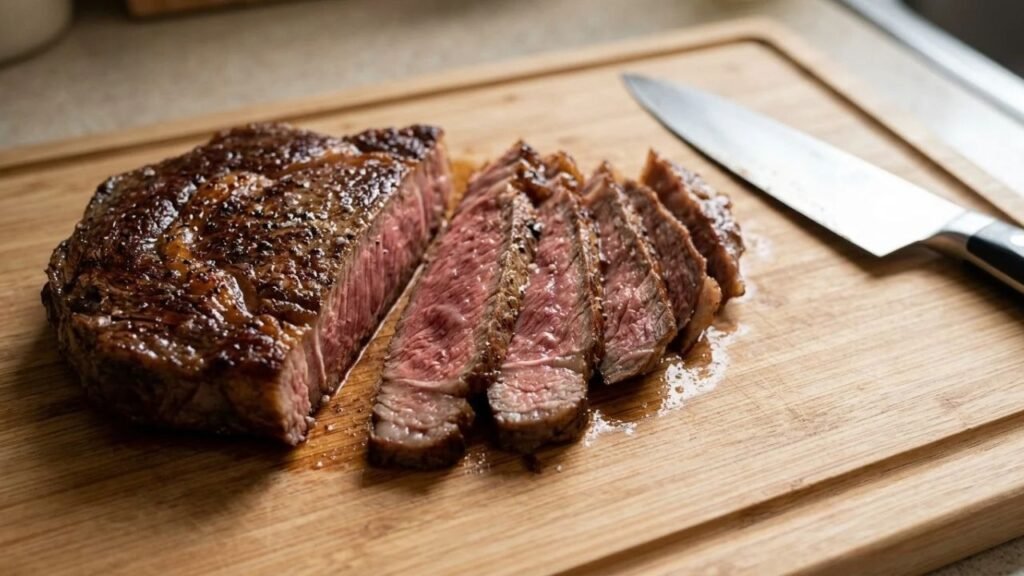 Juicy rib-eye steak sliced thinly against the grain