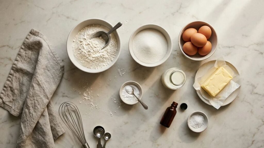 Flour, sugar, eggs, butter, and milk for baking