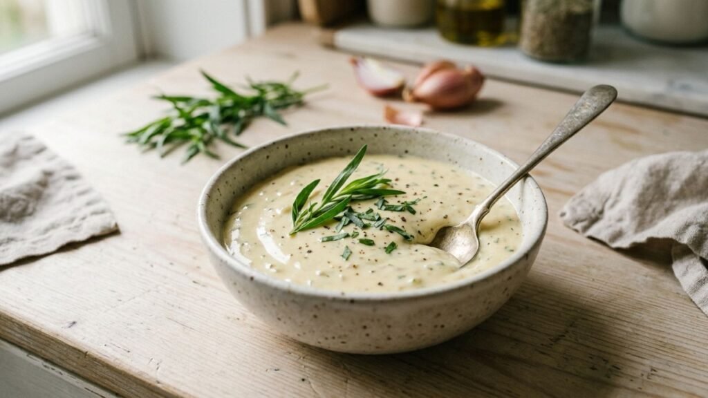 Homemade vegan béarnaise sauce in a bowl