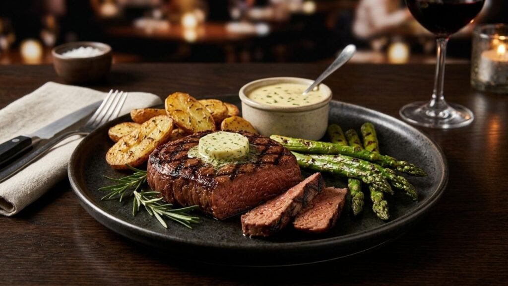 Vegan béarnaise sauce with steak and roasted potatoes
