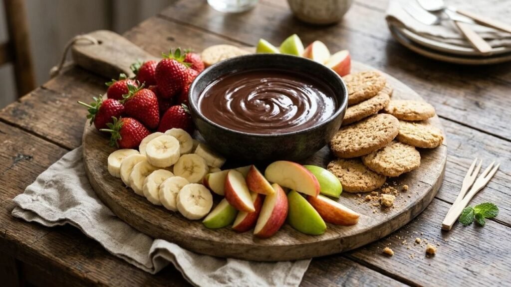 Chocolate dip served with fresh fruit.