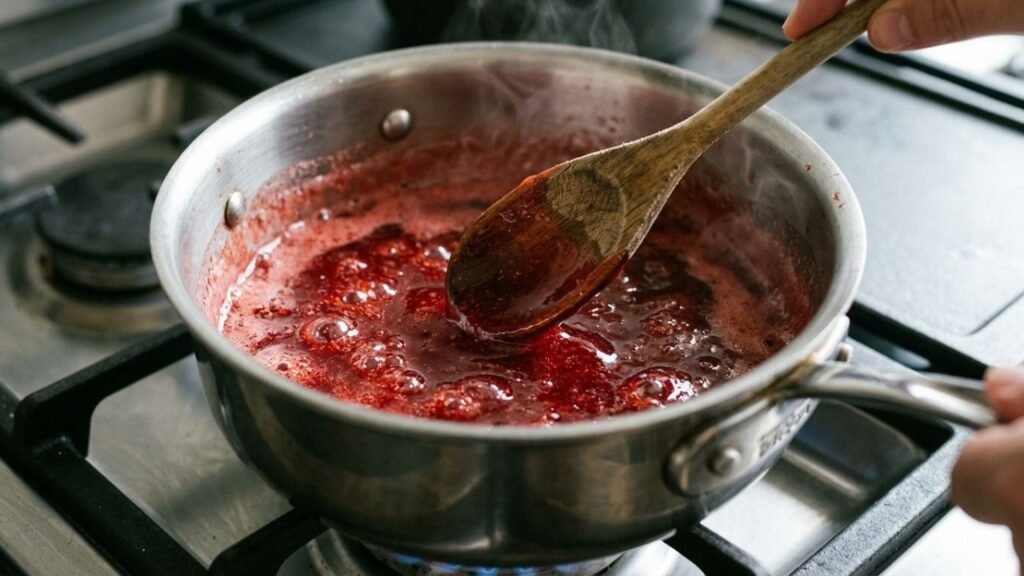 Watermelon syrup reducing gently in a saucepan