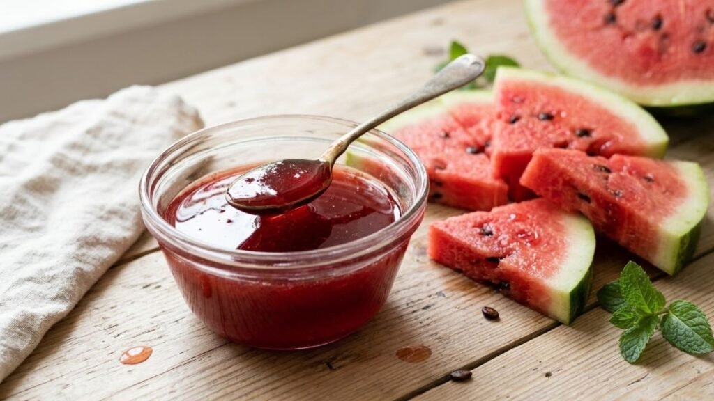 Thick homemade watermelon syrup in a small glass bowl