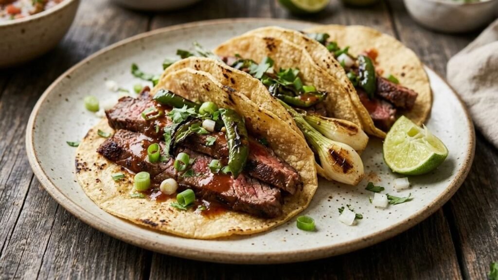 Steak tacos with green chiles and fresh toppings