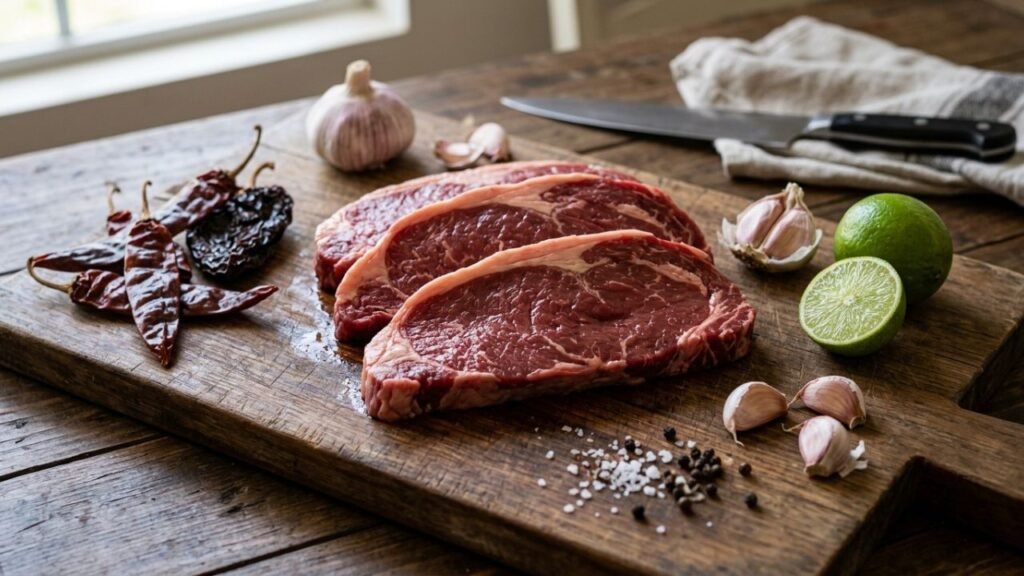 Raw aguayón beef steaks on a cutting board