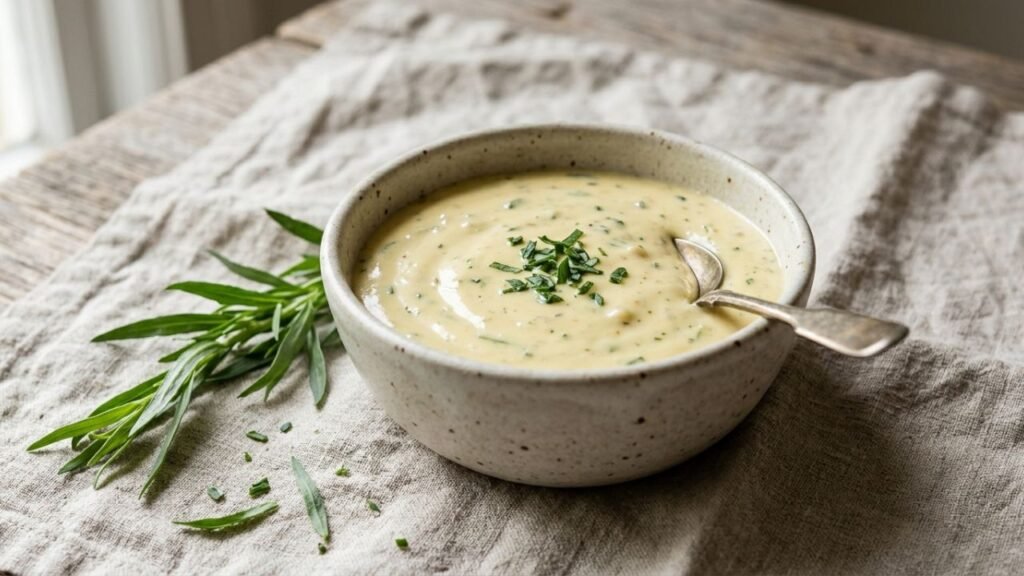 Creamy plant-based béarnaise sauce in a bowl
