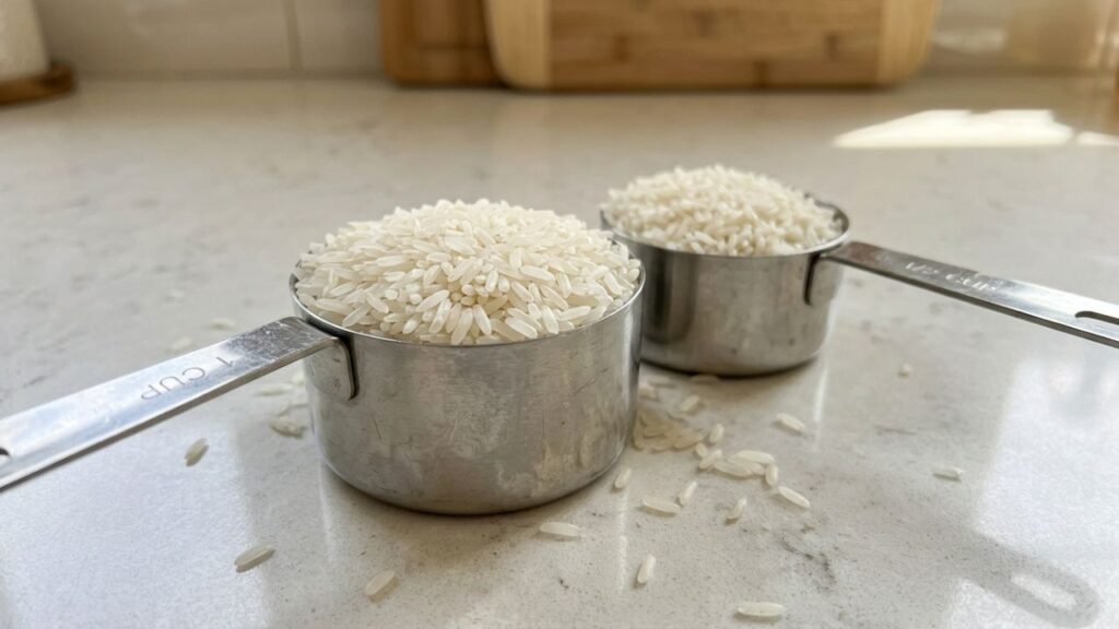 Two measuring cups filled with white rice.