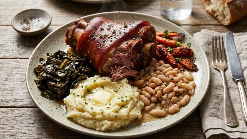 Pork served with beans and vegetables